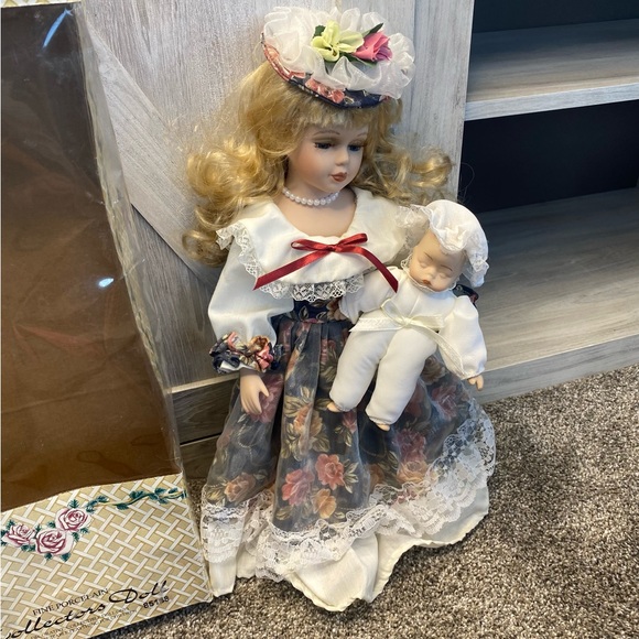 Crowne Fine Porcelain Doll Victorian Madame Doll 19" with Pearls  Dress Baby - Picture 2 of 11